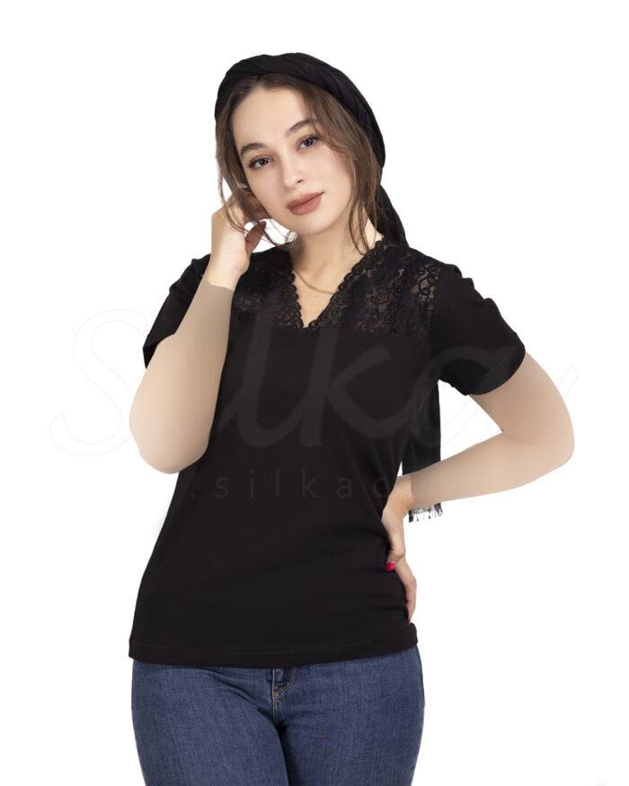 تاپ زنانه نیم استین مشکی یقه گیپور هفت