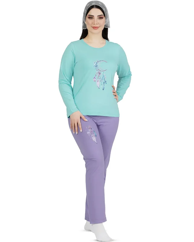 ست لباس راحتی زنانه نخی آستین بلند مدل رویا