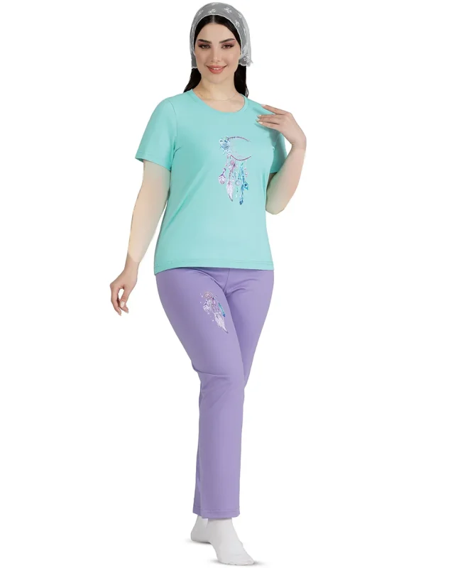 ست لباس راحتی زنانه نخی نیم آستین مدل رویا