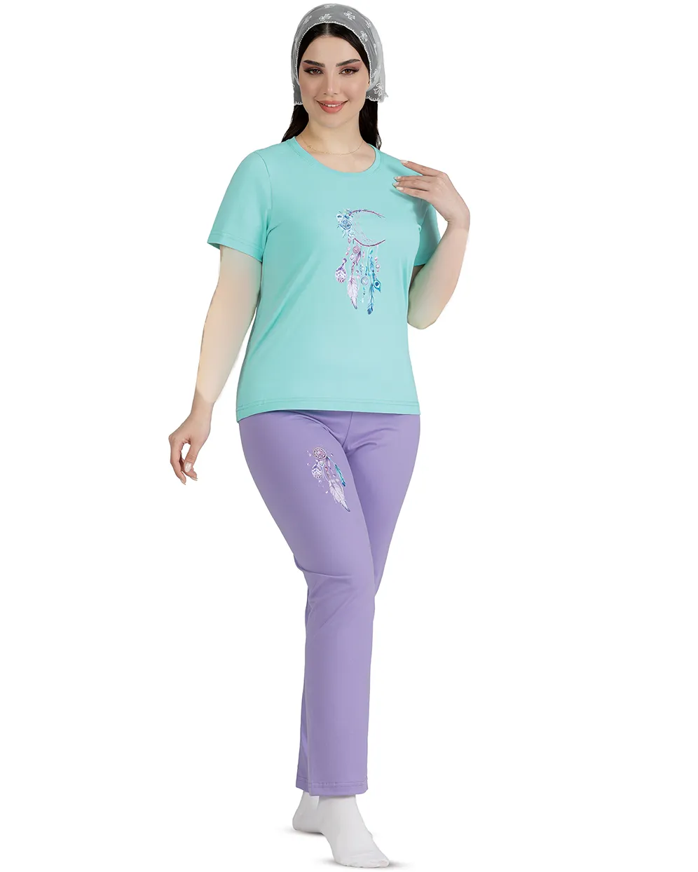 ست لباس راحتی زنانه نخی نیم آستین مدل رویا