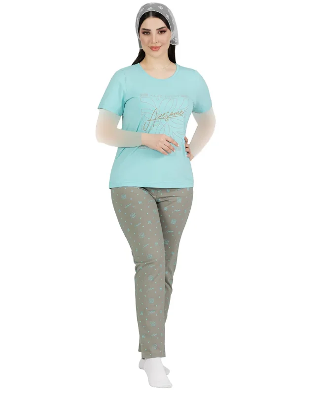 ست لباس راحتی زنانه سایز بزرگ پنبه نیم آستین مدل ادنا